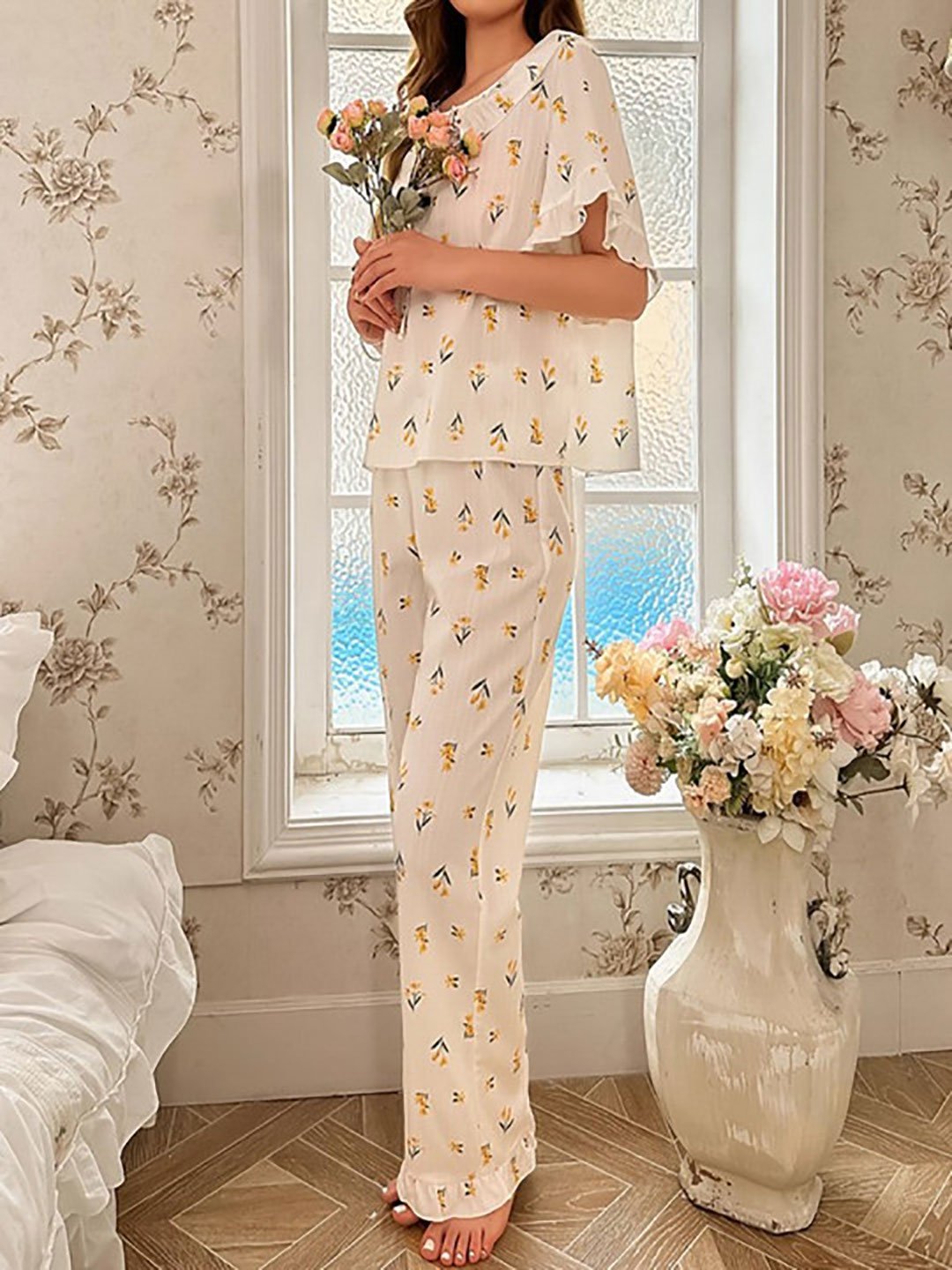 White Floral Print Top and Pyjama Set