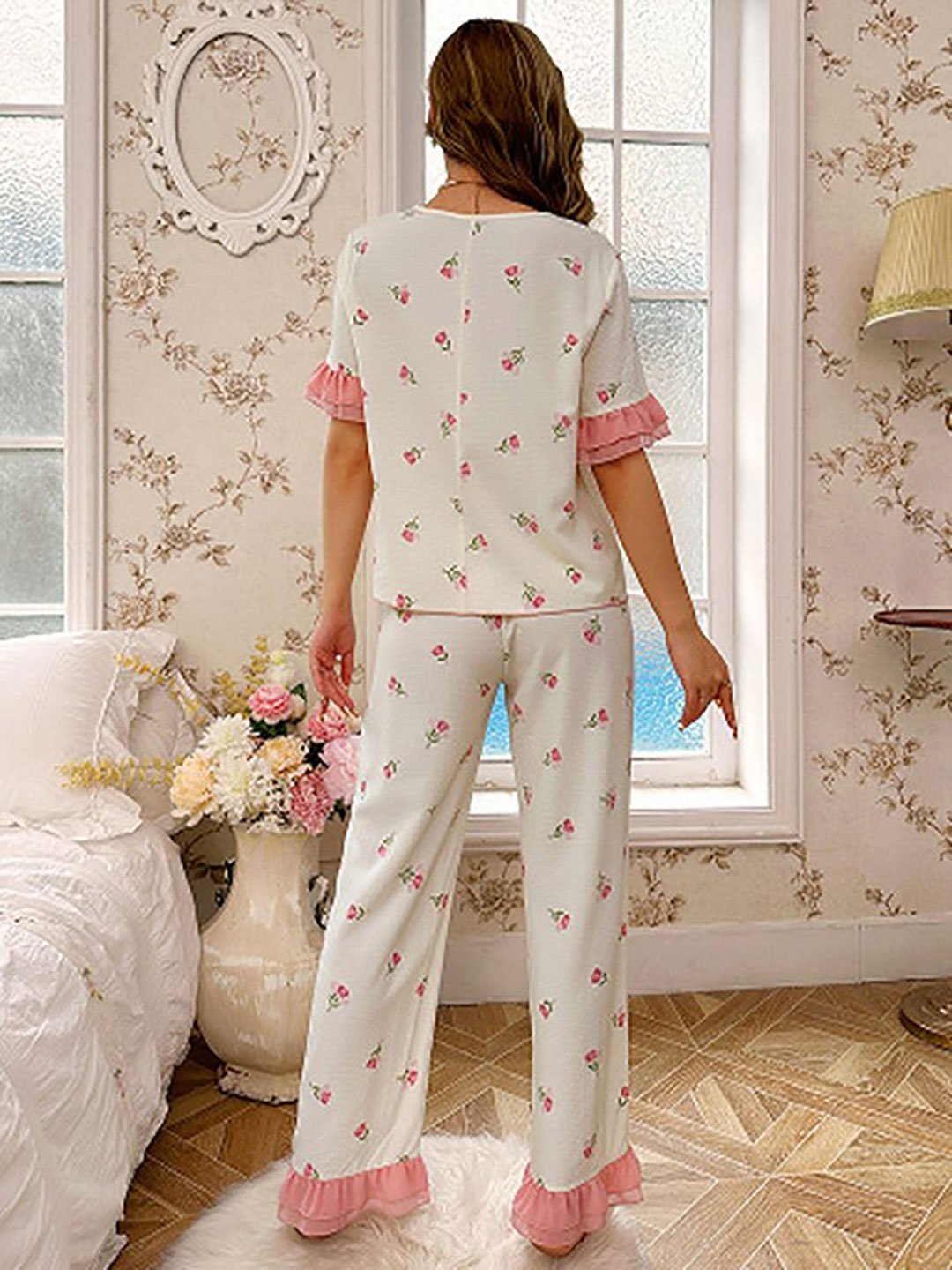 White Floral Print Ruffle Hem Top and Pyjama Set