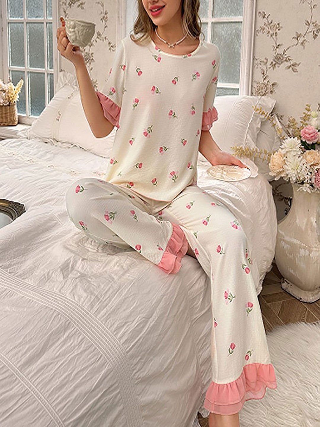 White Floral Print Ruffle Hem Top and Pyjama Set
