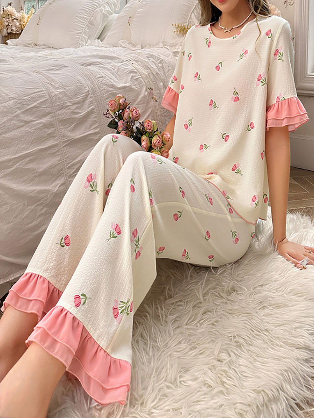 White Floral Print Ruffle Hem Top and Pyjama Set