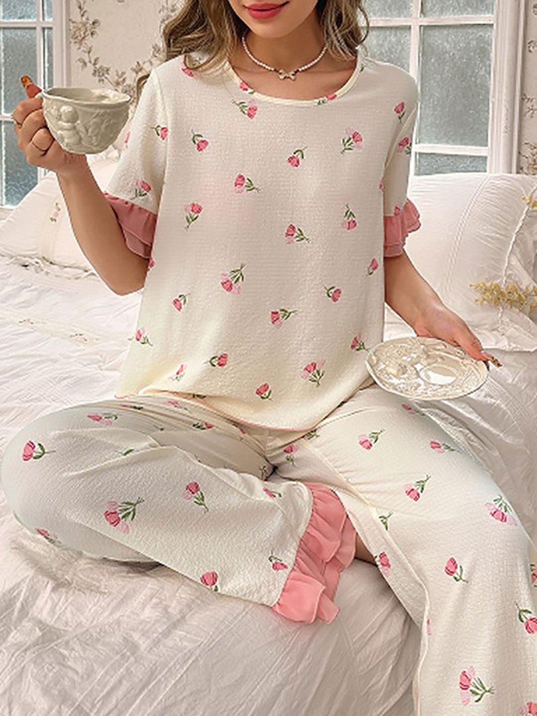 White Floral Print Ruffle Hem Top and Pyjama Set