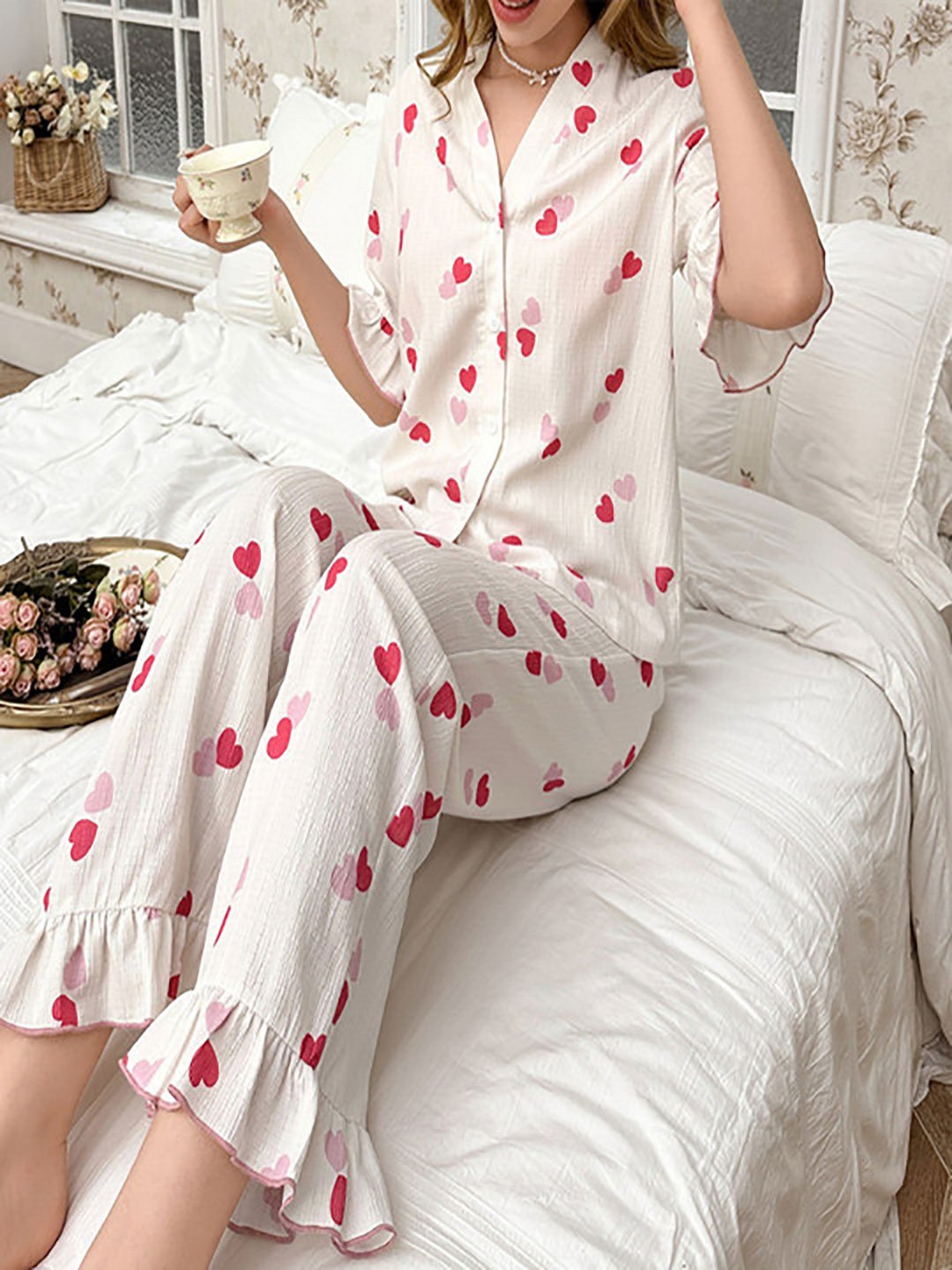 White Heart Print Shirt and Pyjama Set