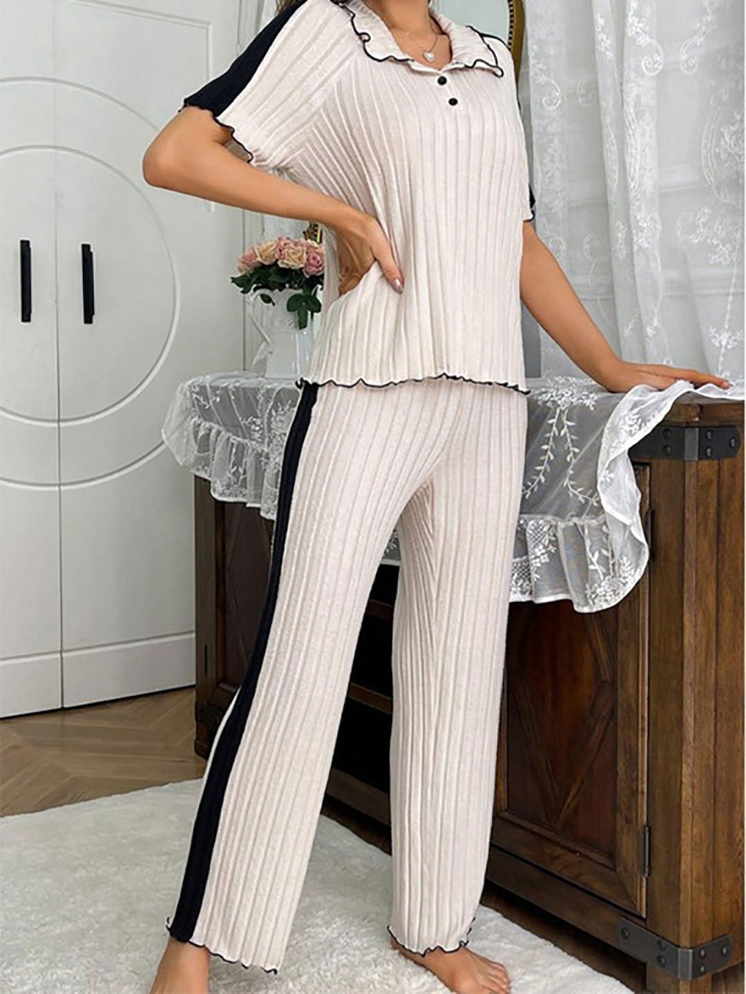 Off-White Ribbed Knit Top and Pyjama Set