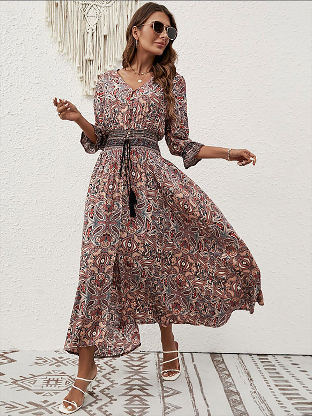 Brown Ethnic Motifs Cotton Fit and Flare Midi Dress