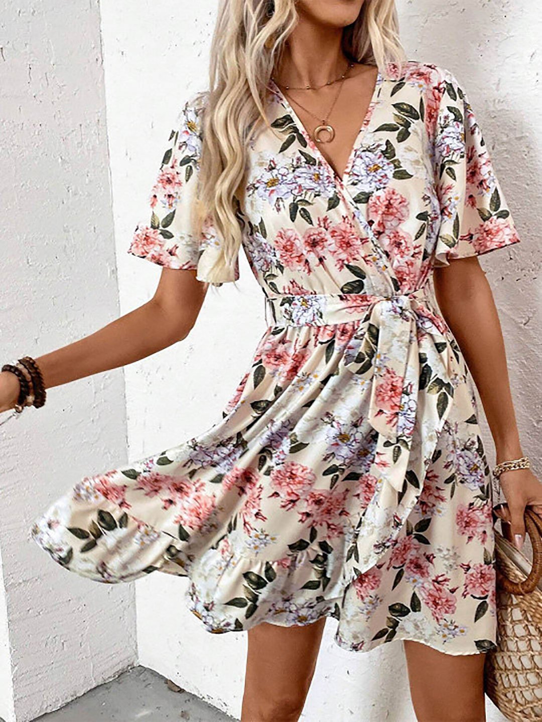 Off White Floral Print A-Line Mini Dress