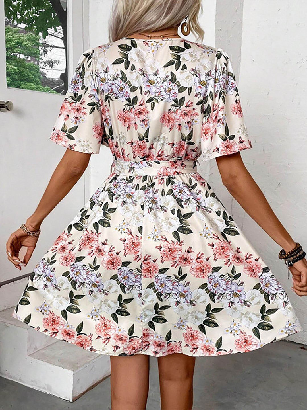 Off White Floral Print A-Line Mini Dress
