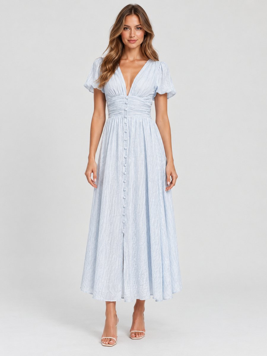 Blue Puff Sleeve Textured A-Line Maxi Dress