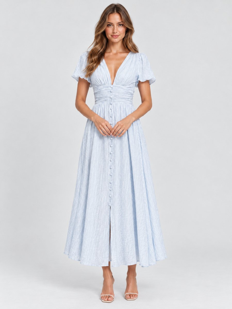 Blue Puff Sleeve Textured A-Line Maxi Dress