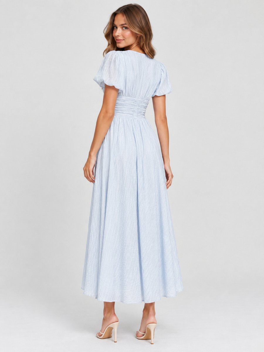 Blue Puff Sleeve Textured A-Line Maxi Dress