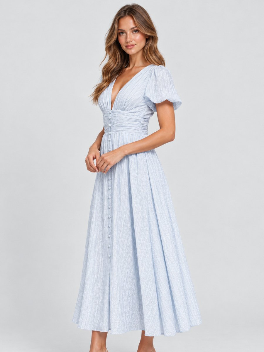 Blue Puff Sleeve Textured A-Line Maxi Dress
