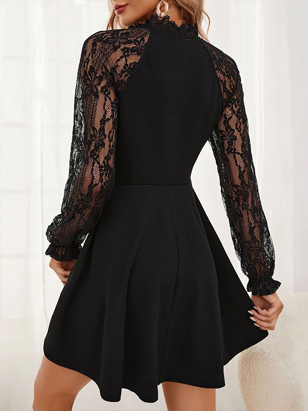 Black A-Line Mini Dress with Lace Sleeves