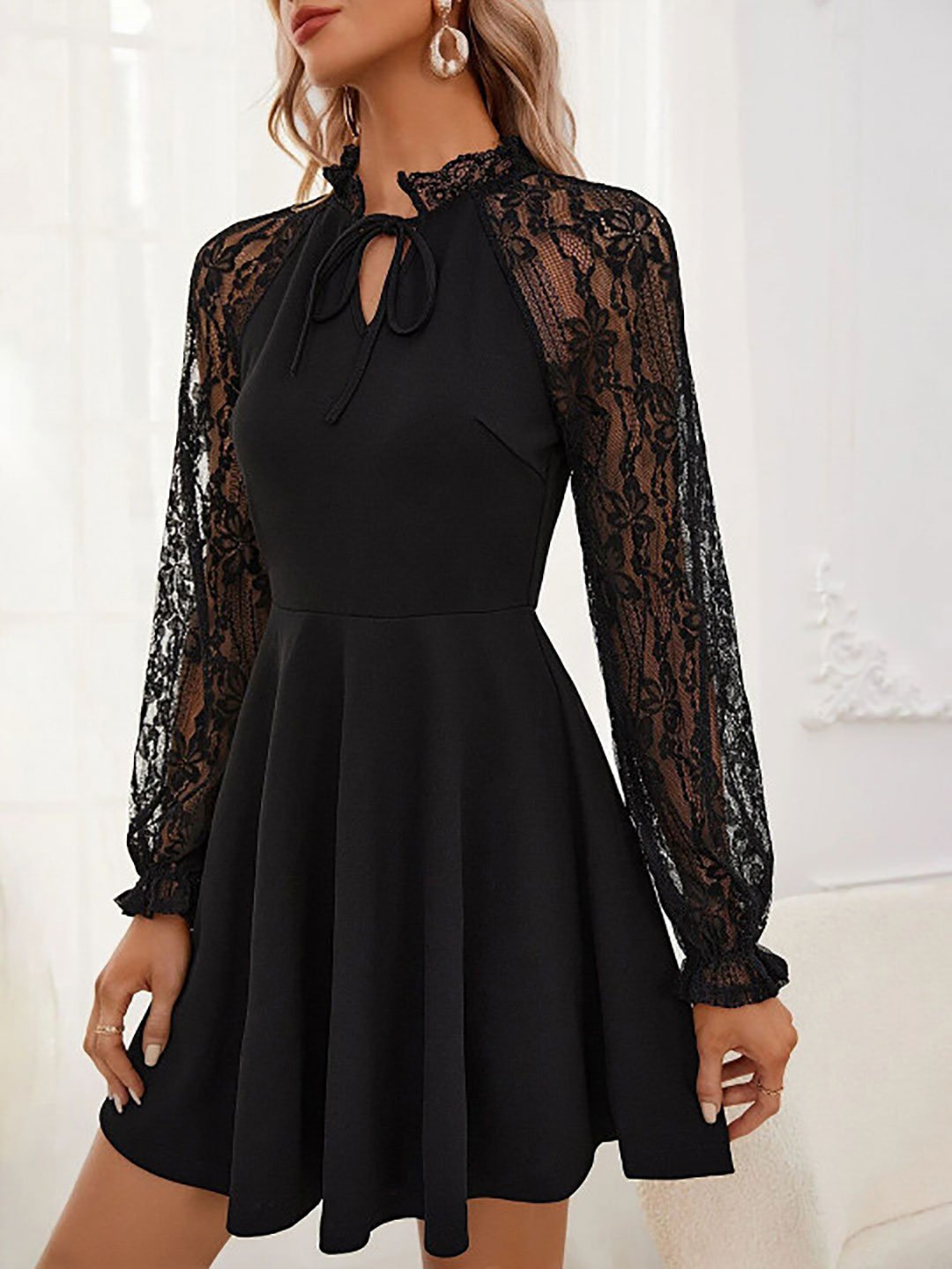 Black A-Line Mini Dress with Lace Sleeves