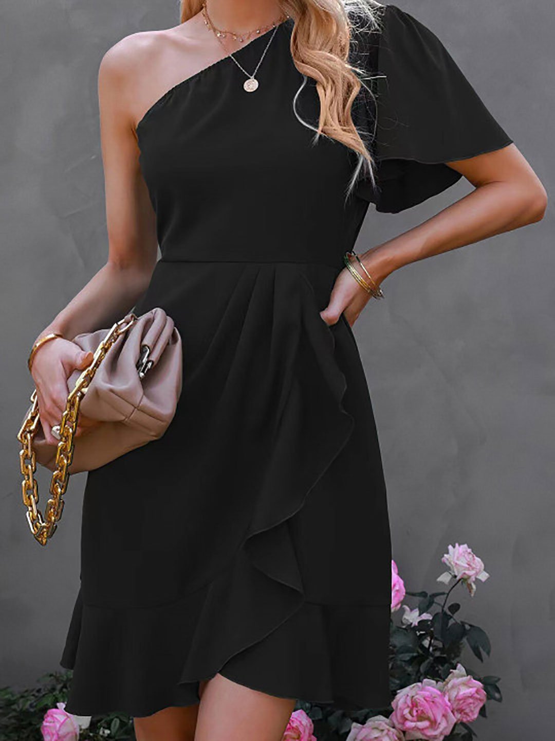 Black One Shoulder Fit and Flare Mini Dress