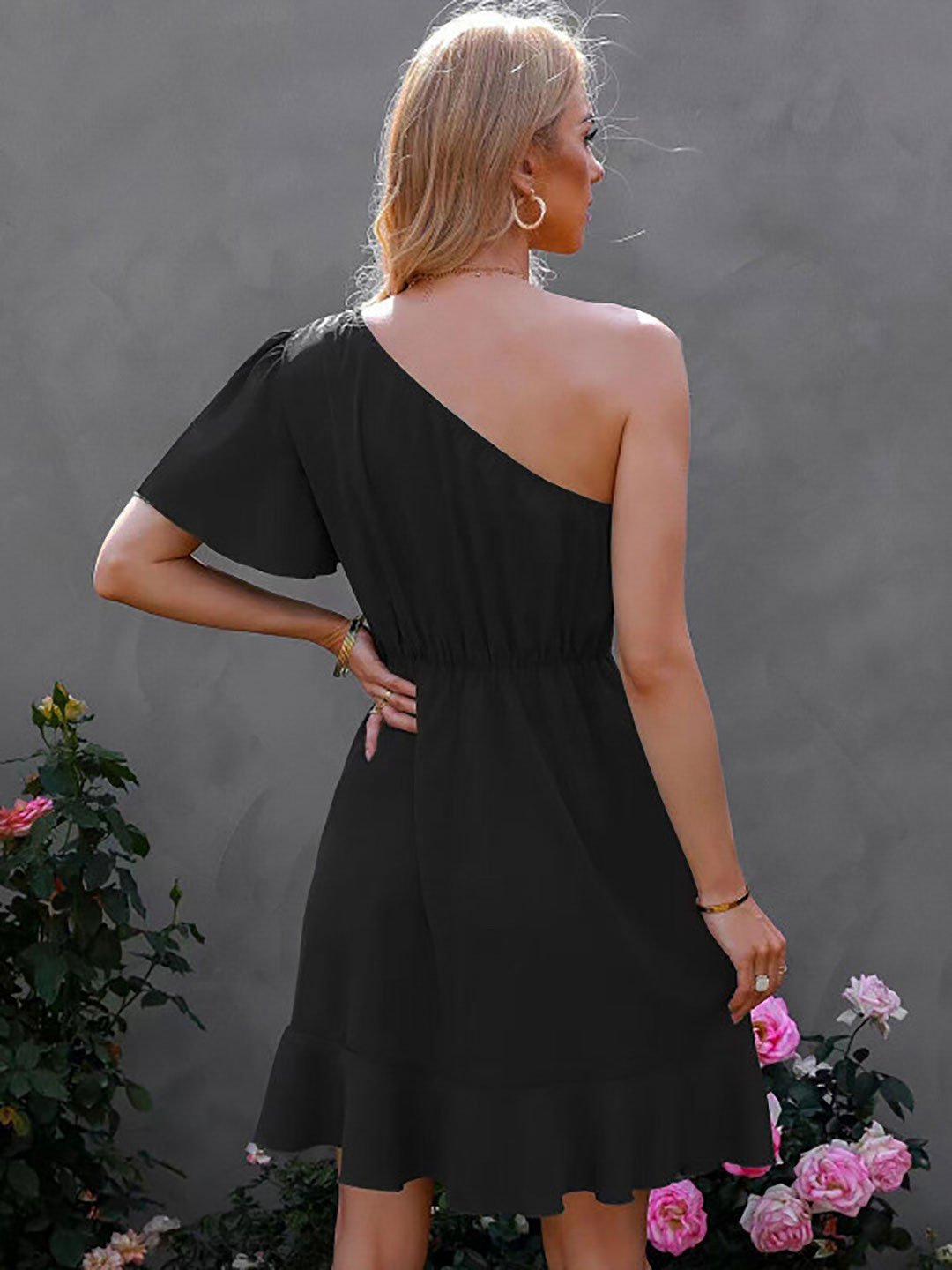 Black One Shoulder Fit and Flare Mini Dress