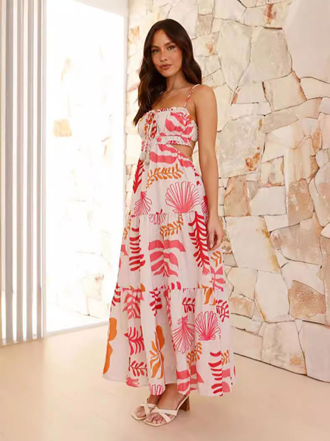 Tropical Print Strappy Maxi Dress