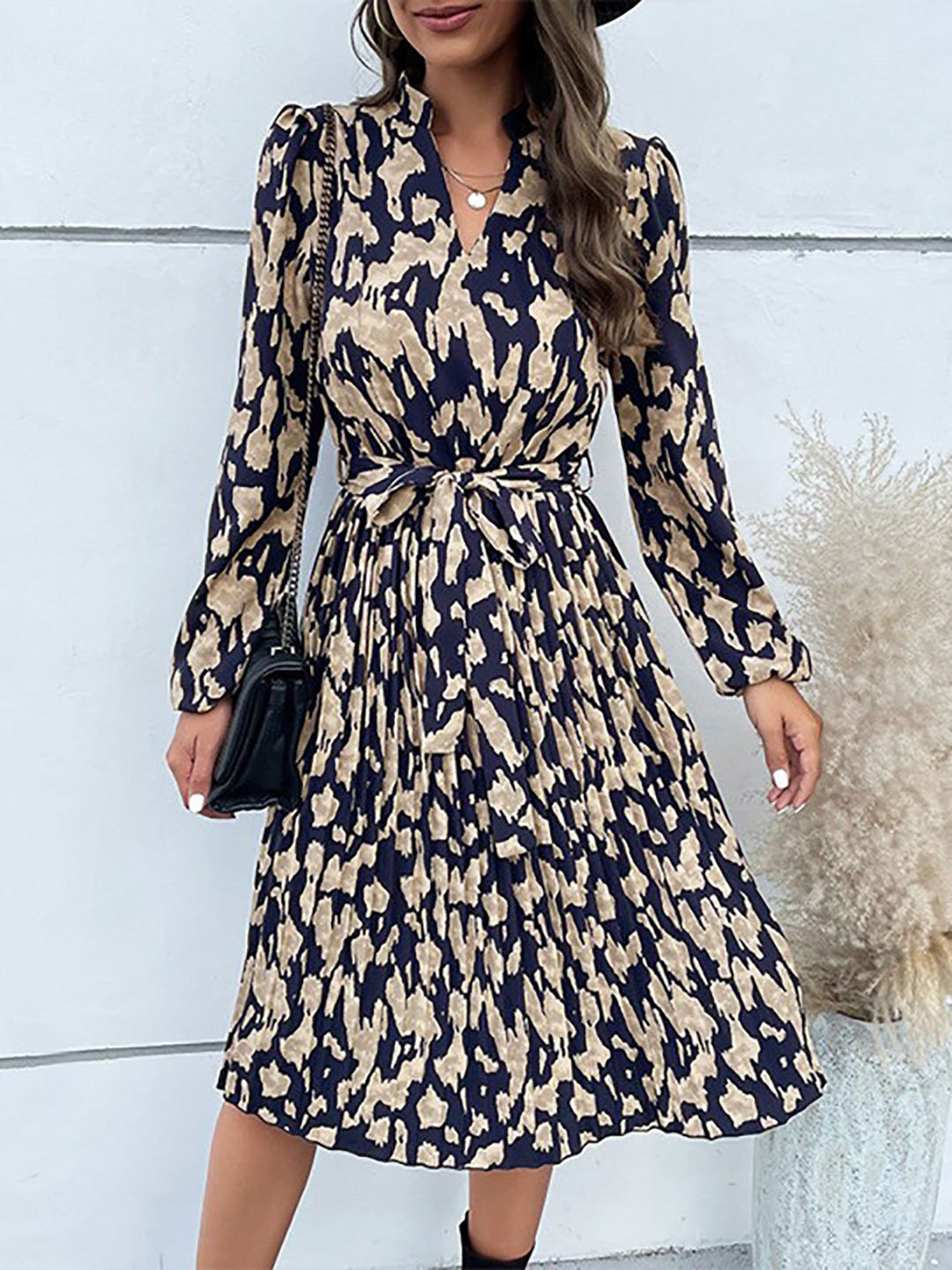 Navy Blue Abstract Printed Knee Length Dress