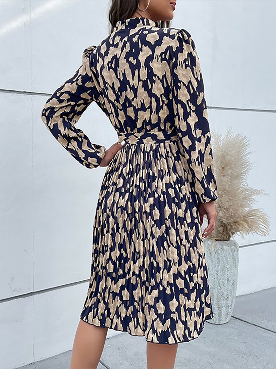 Navy Blue Abstract Printed Knee Length Dress
