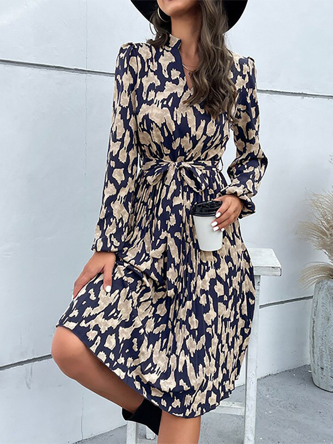 Navy Blue Abstract Printed Knee Length Dress
