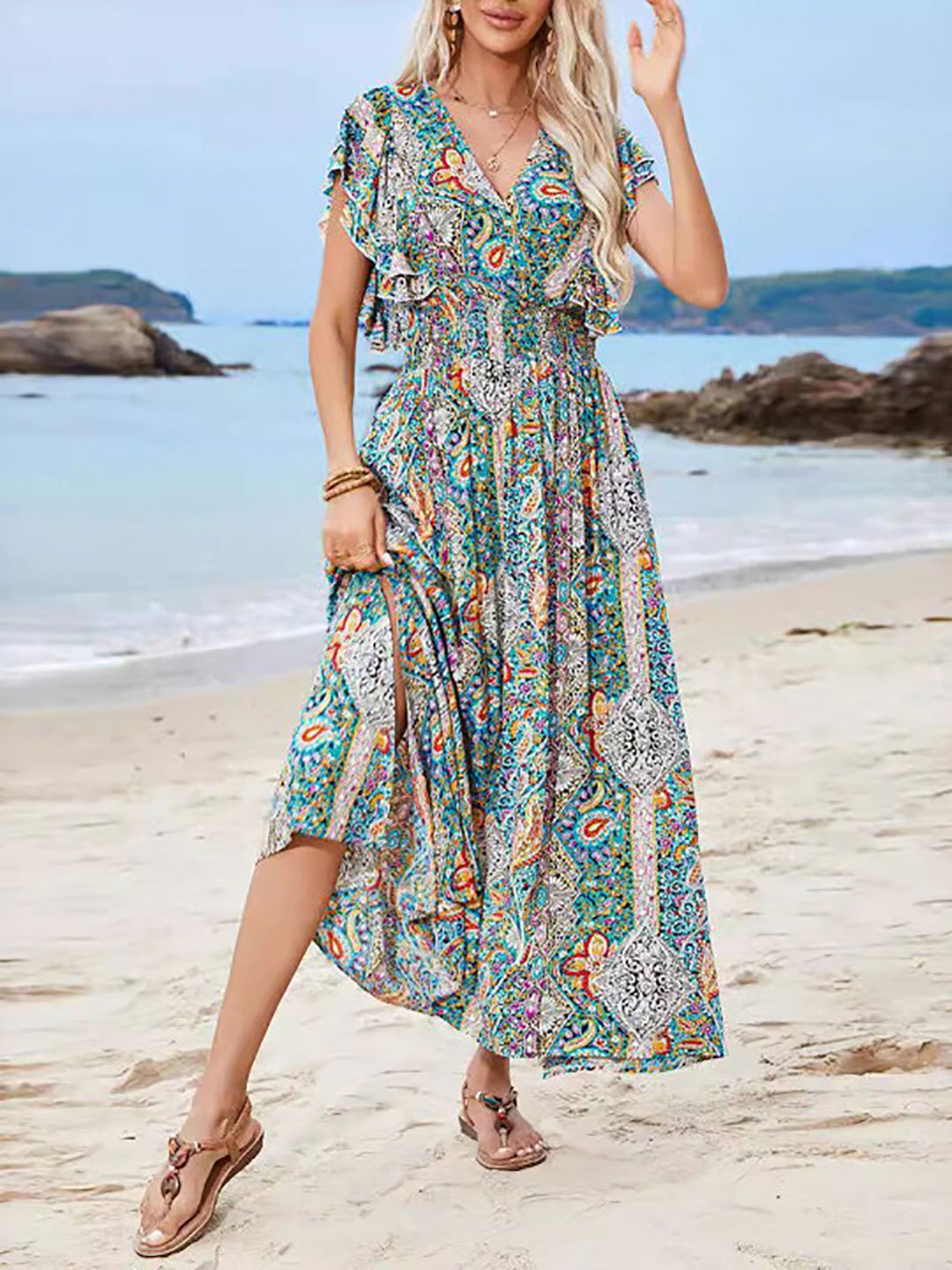 Blue Ethnic Motifs Printed Flutter Sleeves Maxi Dress