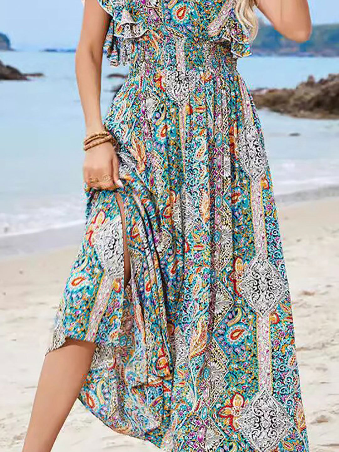Blue Ethnic Motifs Printed Flutter Sleeves Maxi Dress