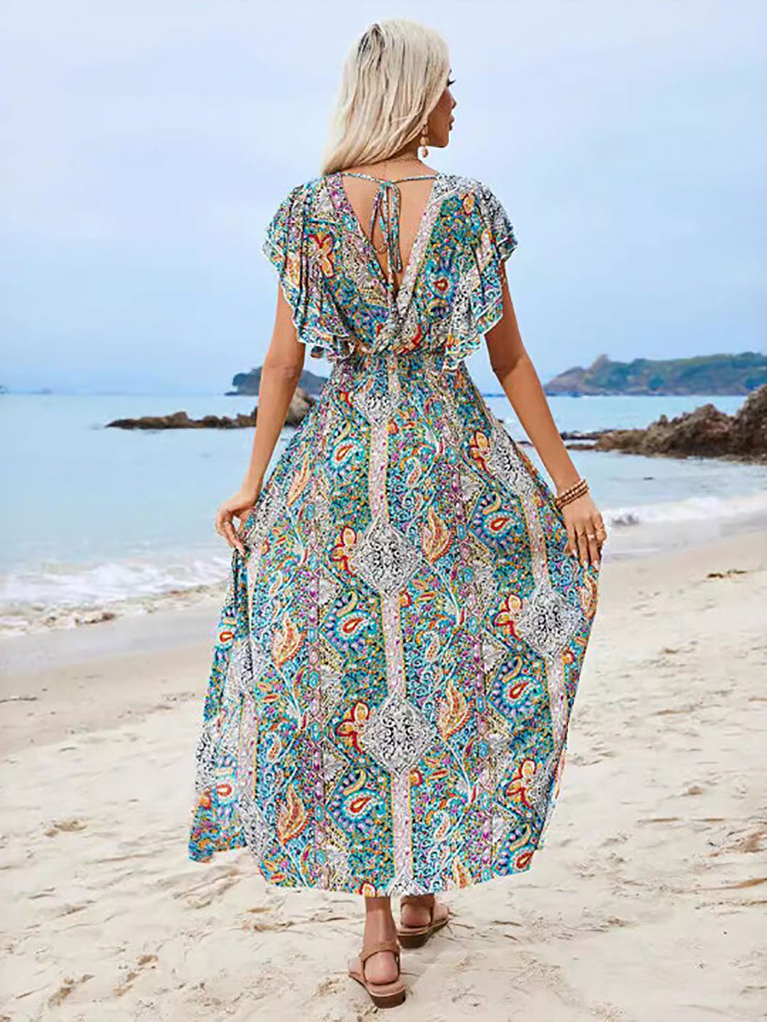 Blue Ethnic Motifs Printed Flutter Sleeves Maxi Dress