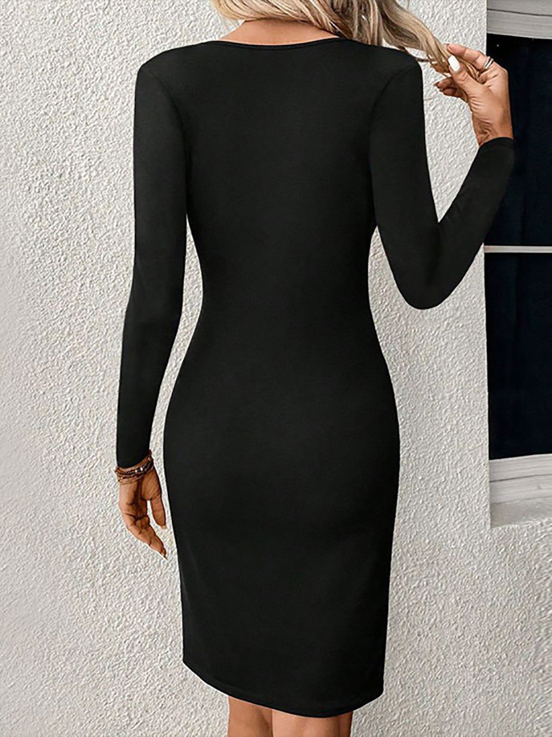Black Long Sleeve Wrap Knee-Length Dress