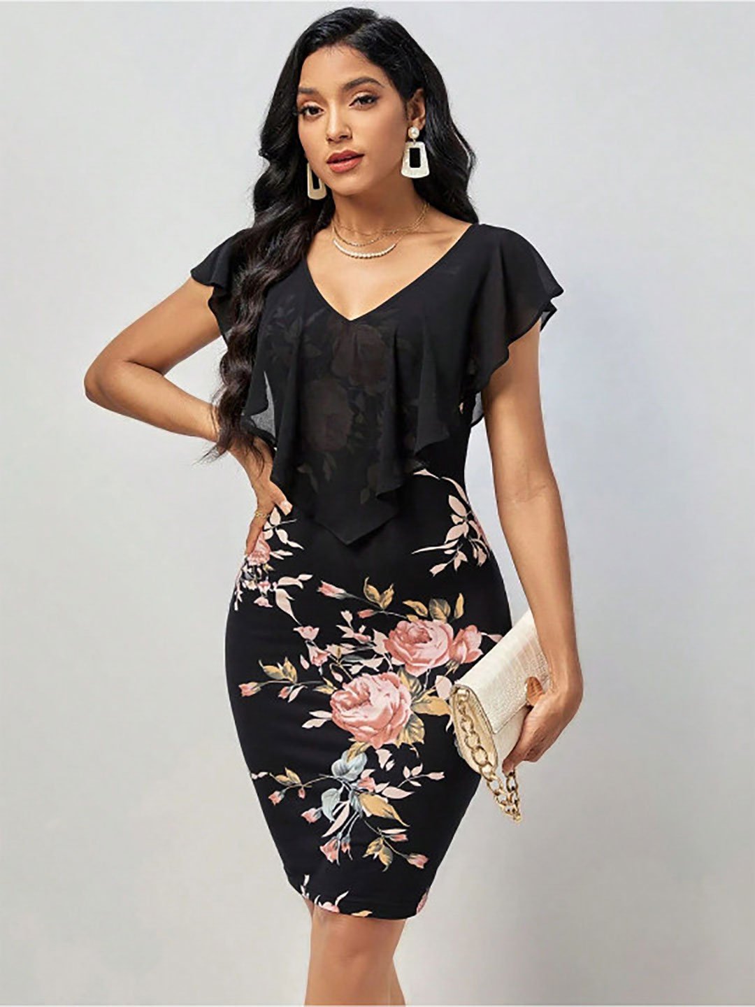 Black Floral Print Bodycon Knee Length Dress