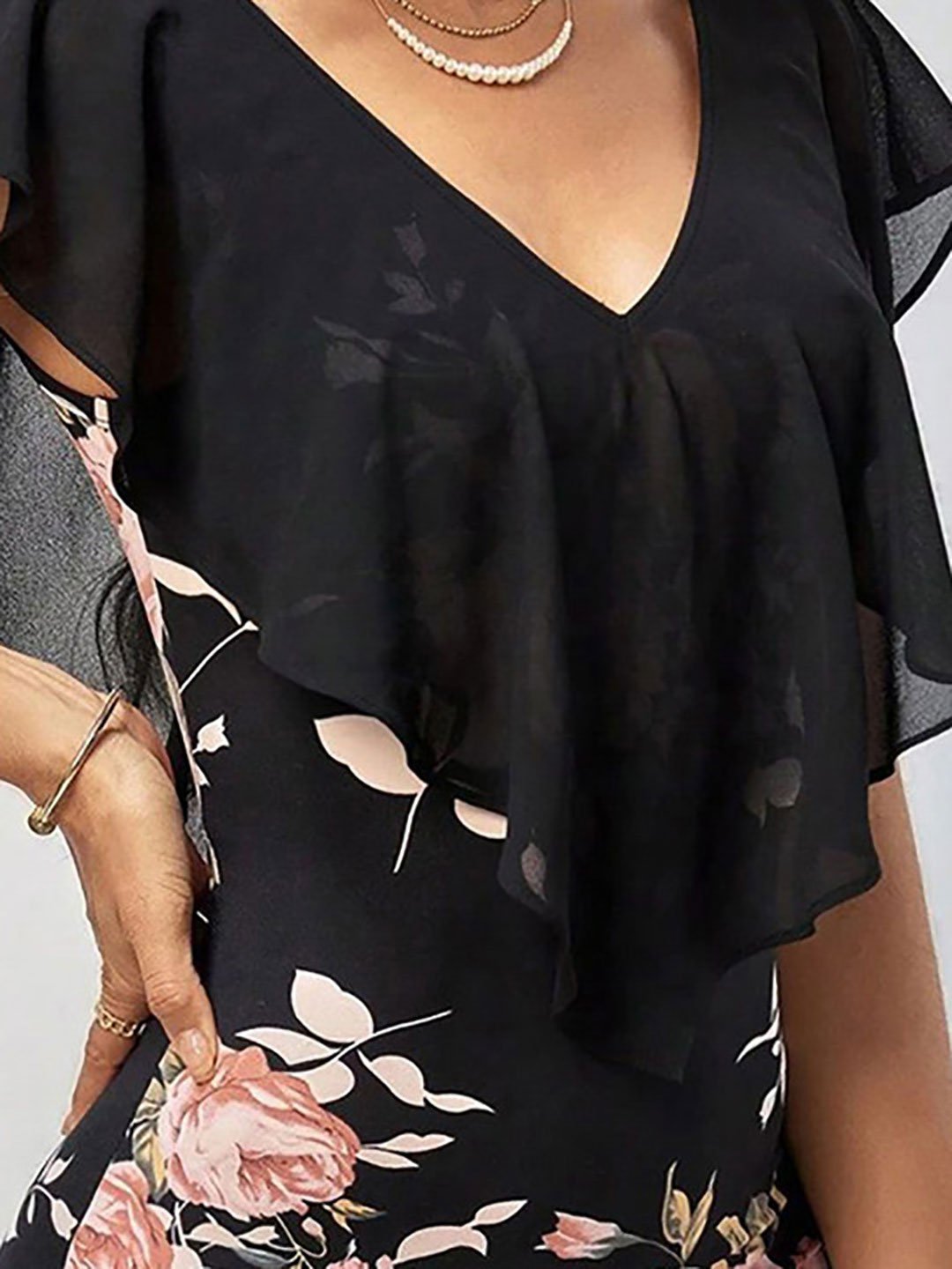 Black Floral Print Bodycon Knee Length Dress