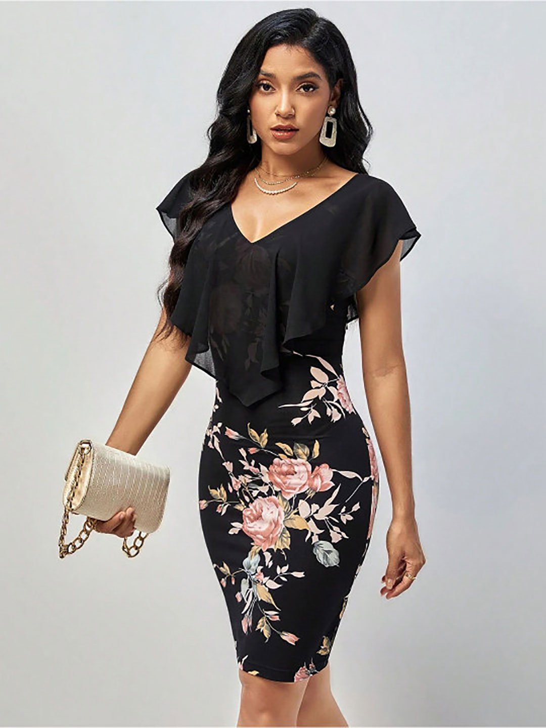 Black Floral Print Bodycon Knee Length Dress