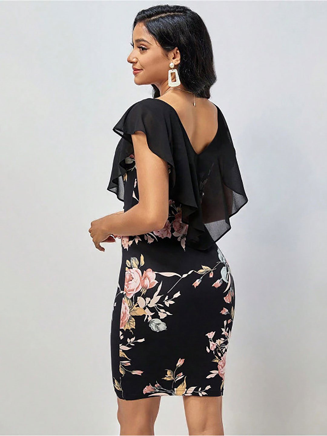 Black Floral Print Bodycon Knee Length Dress