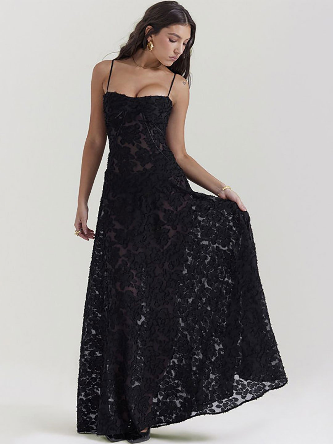 Black Spaghetti Strap Lace A-Line Maxi Dress
