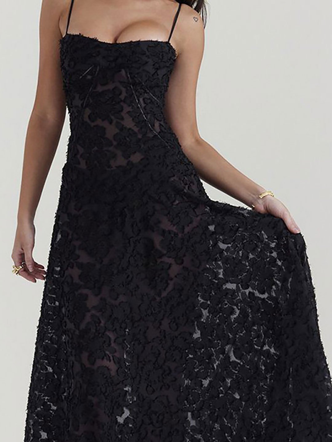 Black Spaghetti Strap Lace A-Line Maxi Dress