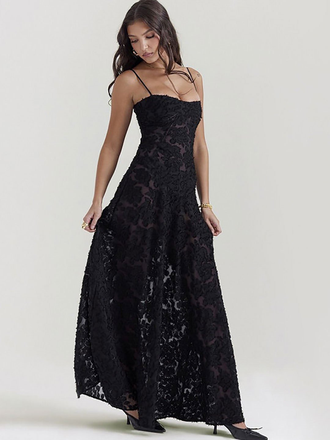 Black Spaghetti Strap Lace A-Line Maxi Dress