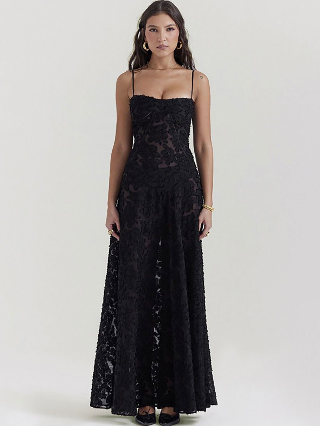 Black Spaghetti Strap Lace A-Line Maxi Dress