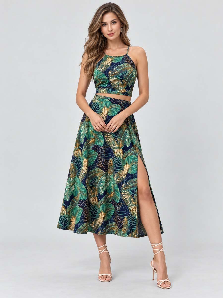Green Tropical Print Crop Top and Midi Skirt Co-Ords
