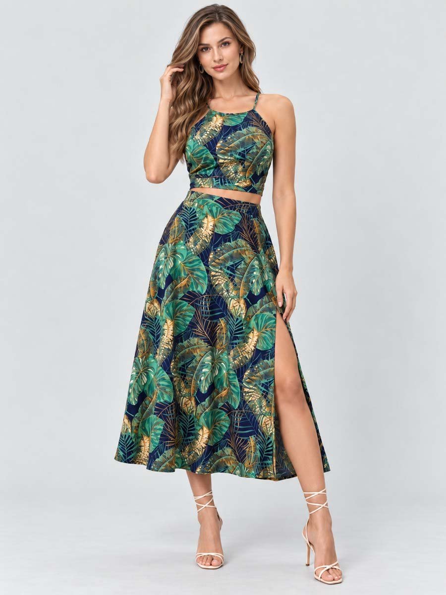 Green Tropical Print Crop Top and Midi Skirt Co-Ords
