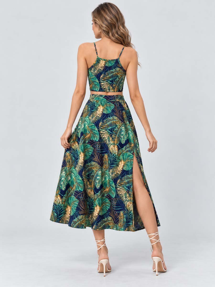 Green Tropical Print Crop Top and Midi Skirt Co-Ords
