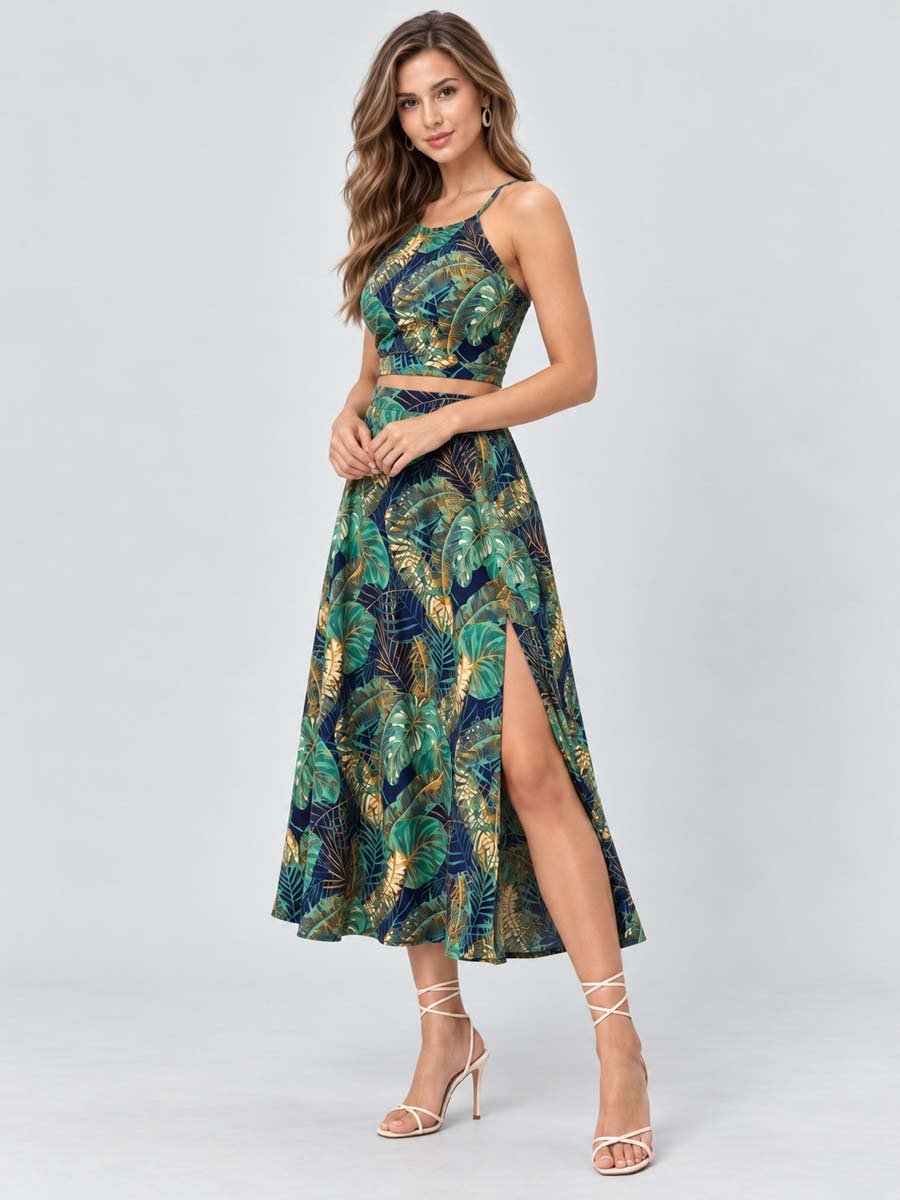 Green Tropical Print Crop Top and Midi Skirt Co-Ords
