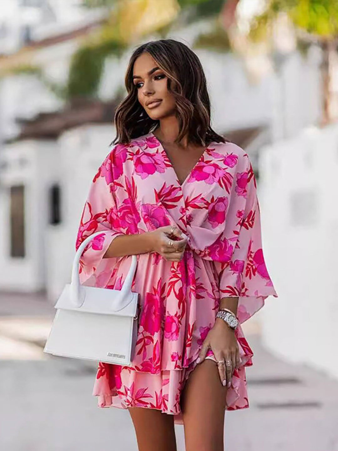 Pink Floral Printed Pleated Wrap Mini Dress