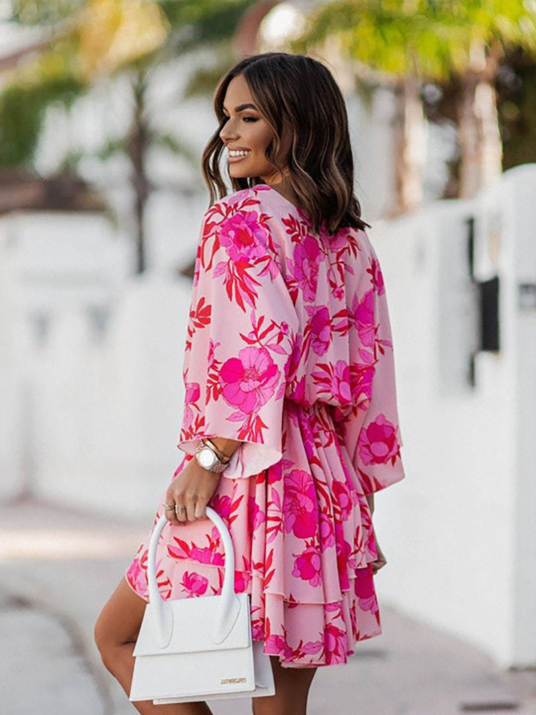 Pink Floral Printed Pleated Wrap Mini Dress