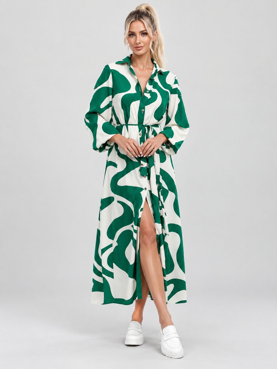 White and Green Abstract Printed Maxi Dress