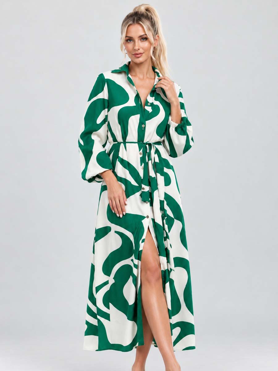 White and Green Abstract Printed Maxi Dress