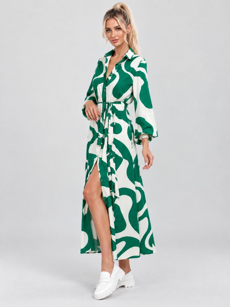 White and Green Abstract Printed Maxi Dress