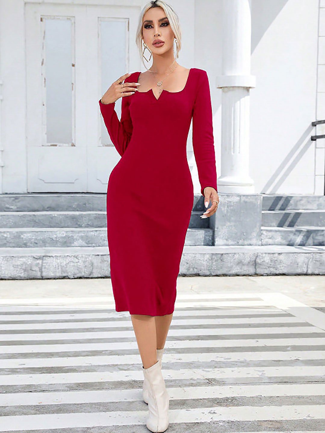Red Long Sleeve Sheath Knee Length Dress