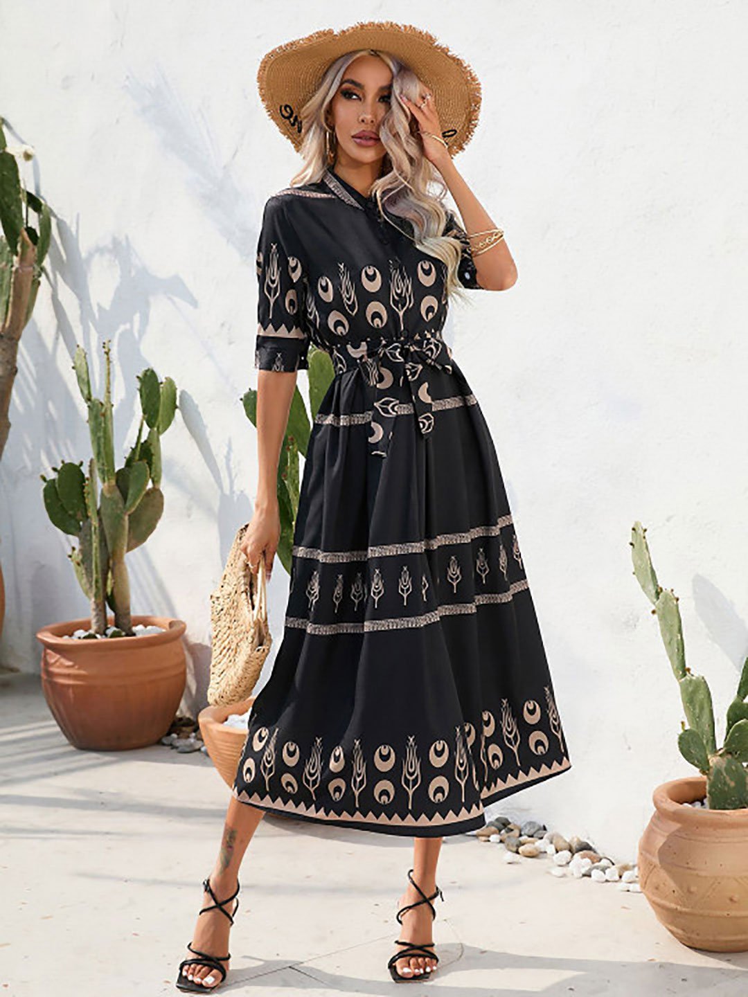 Black Ethnic Motifs Printed A-Line Midi Dress