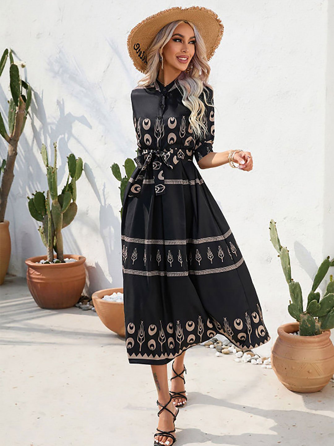 Black Ethnic Motifs Printed A-Line Midi Dress