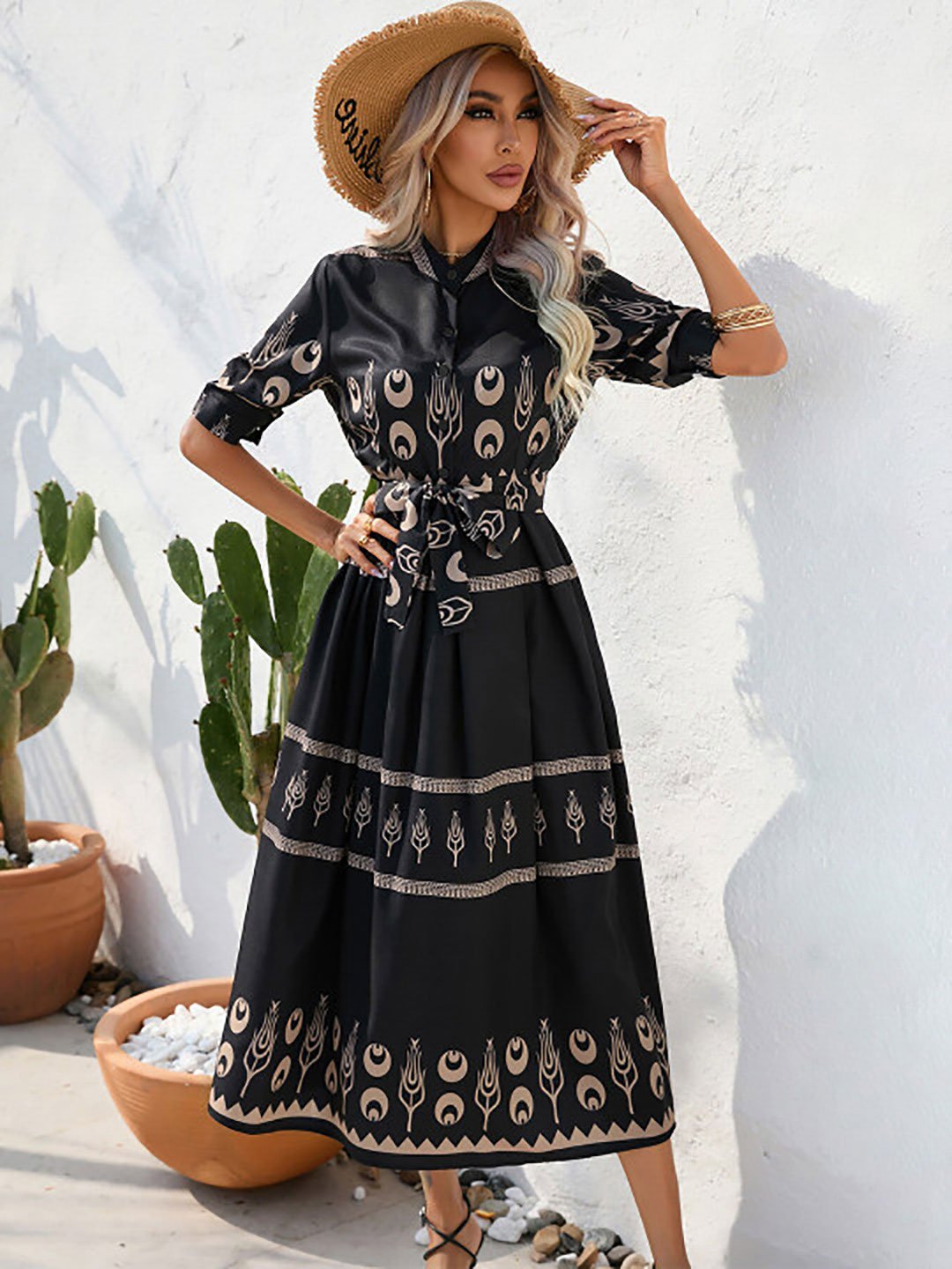 Black Ethnic Motifs Printed A-Line Midi Dress
