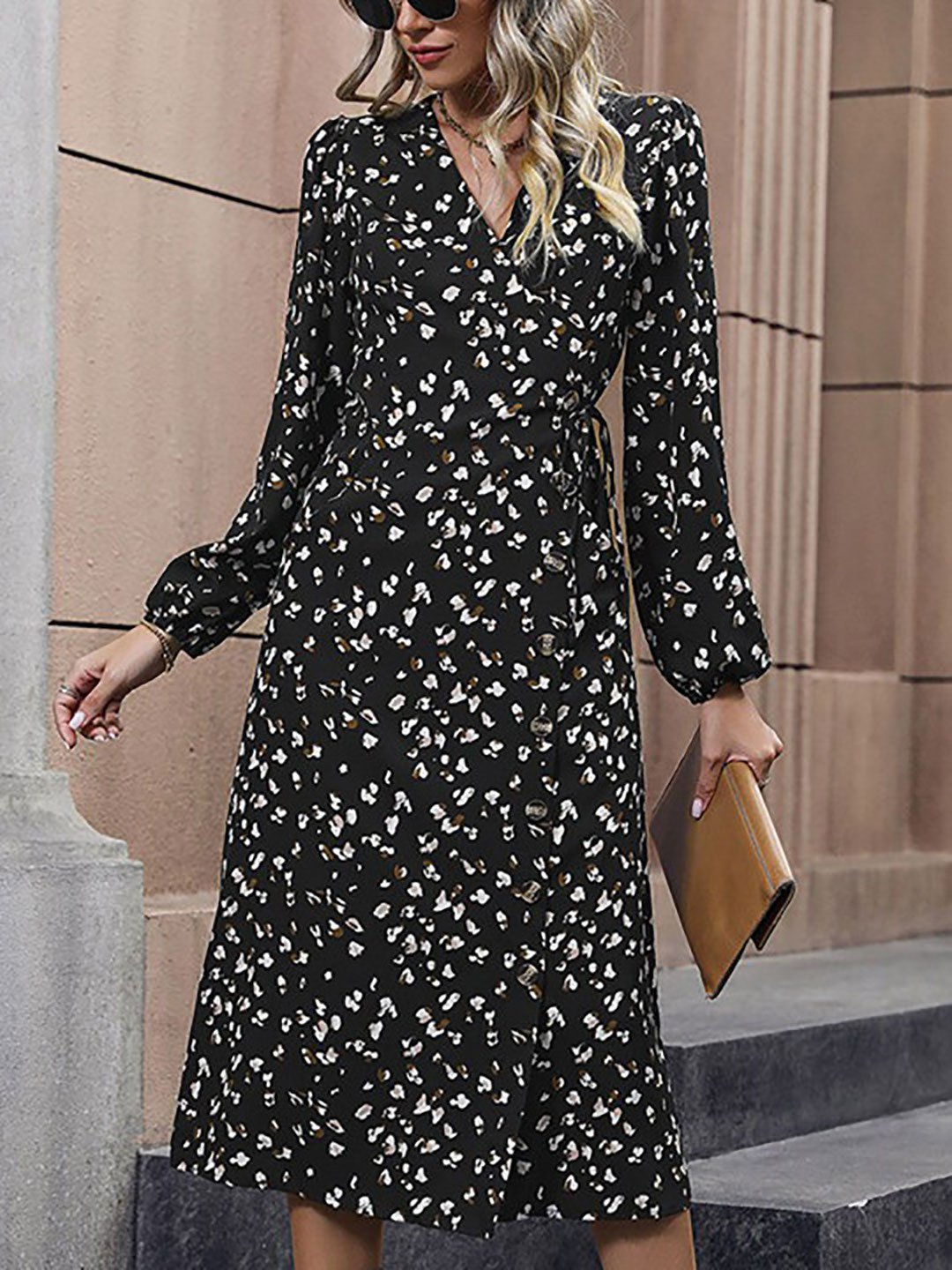 Black Floral Printed A-Line Midi Dress