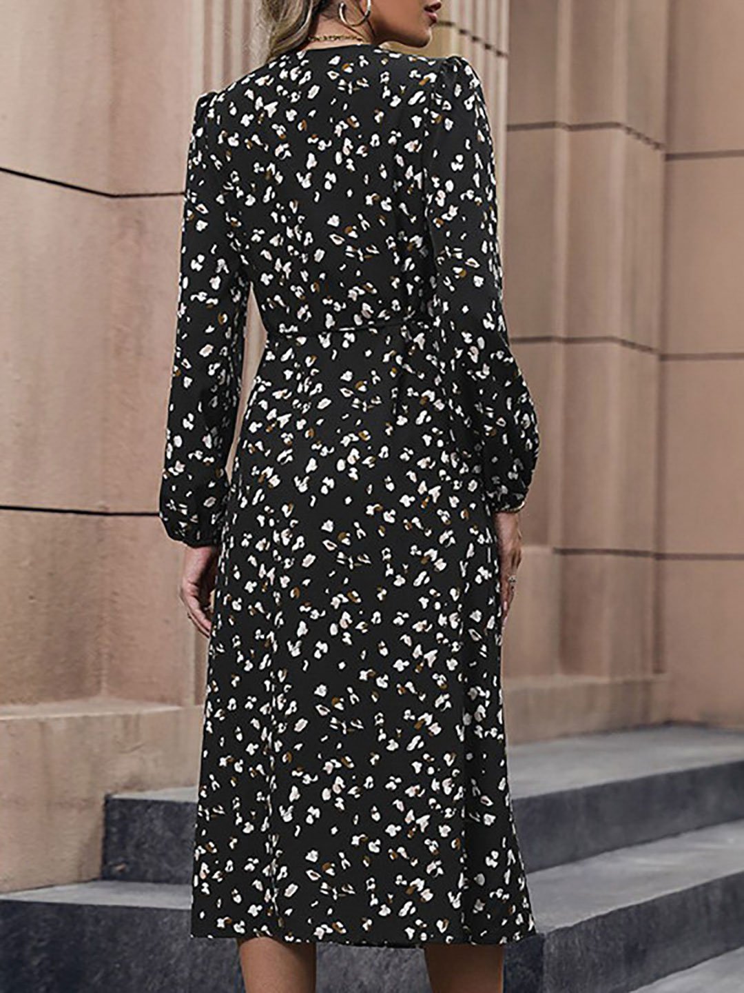 Black Floral Printed A-Line Midi Dress