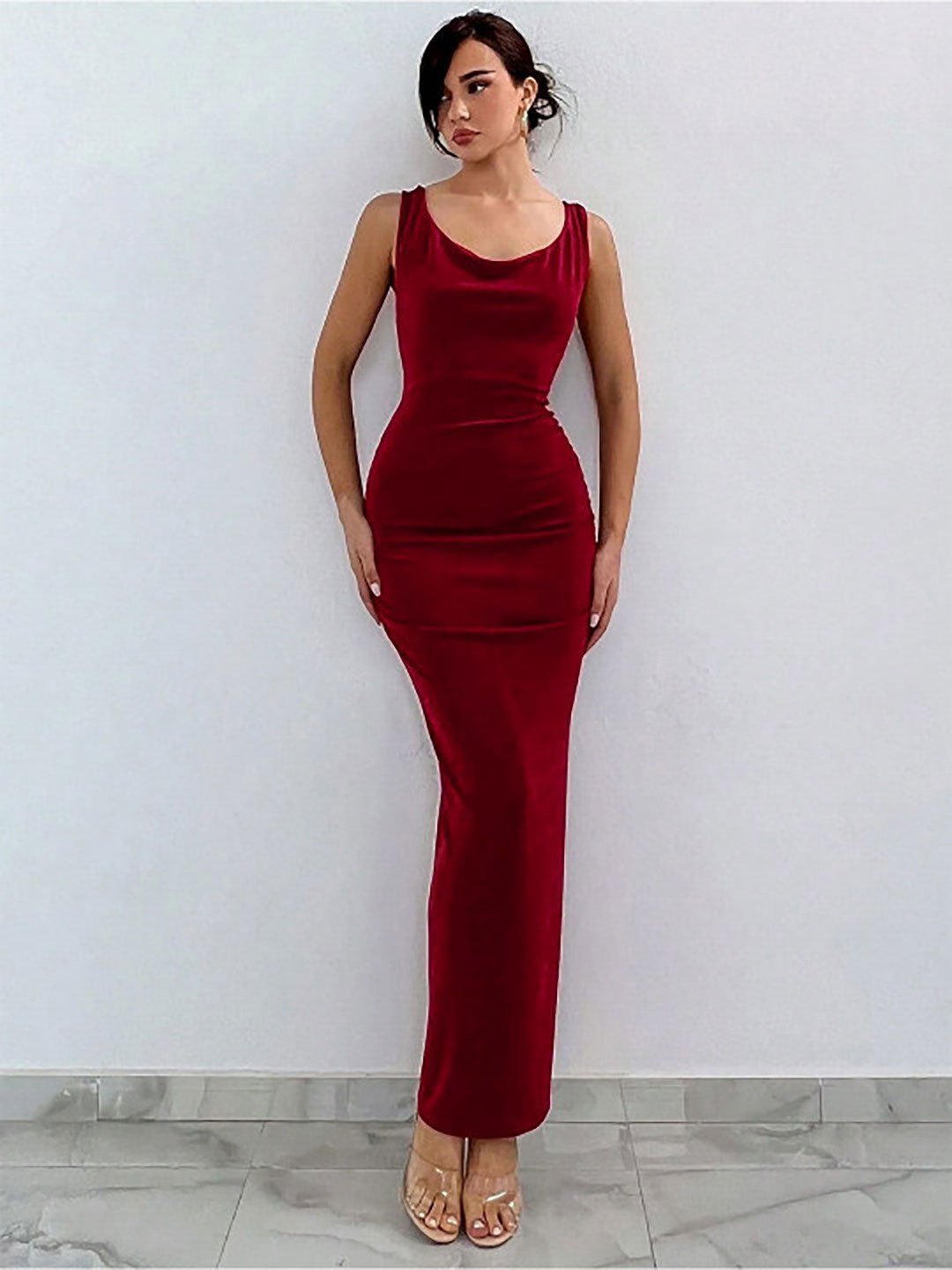 Maroon Velvet Look Bodycon Maxi Dress For Women at Kuwait | Styli